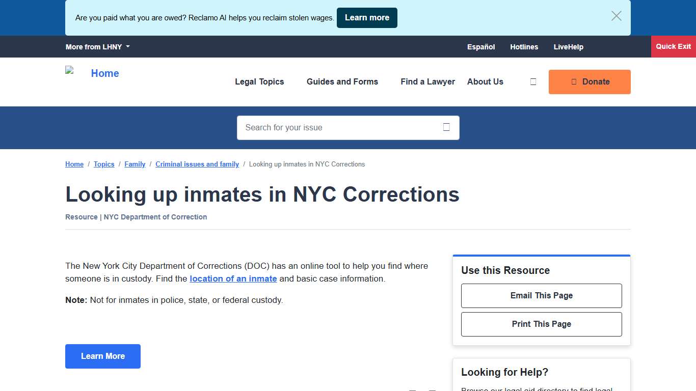 Looking up inmates in NYC Corrections LawHelpNY
